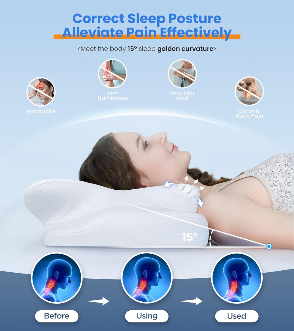 White ergonomic memory foam pillow for neck support
